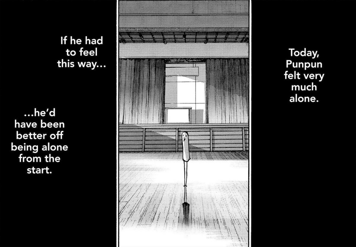 Punpun standing alone. Text reads, “Today, Punpun felt very much alone. If he had to feel this way he'd have been better off being alone from the start.