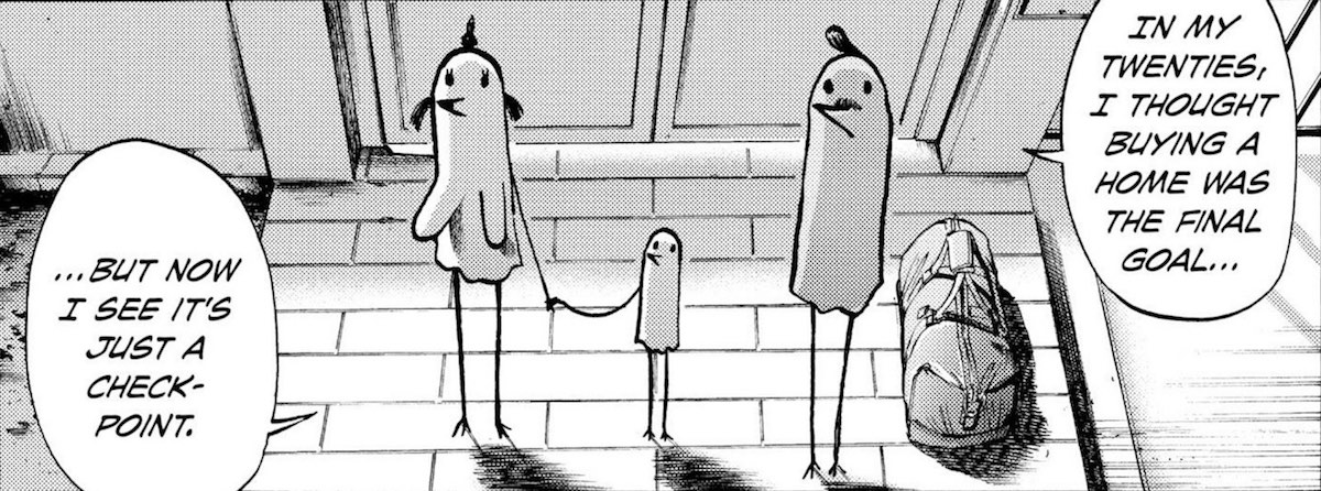 Punpun and his parents, all drawn like birds