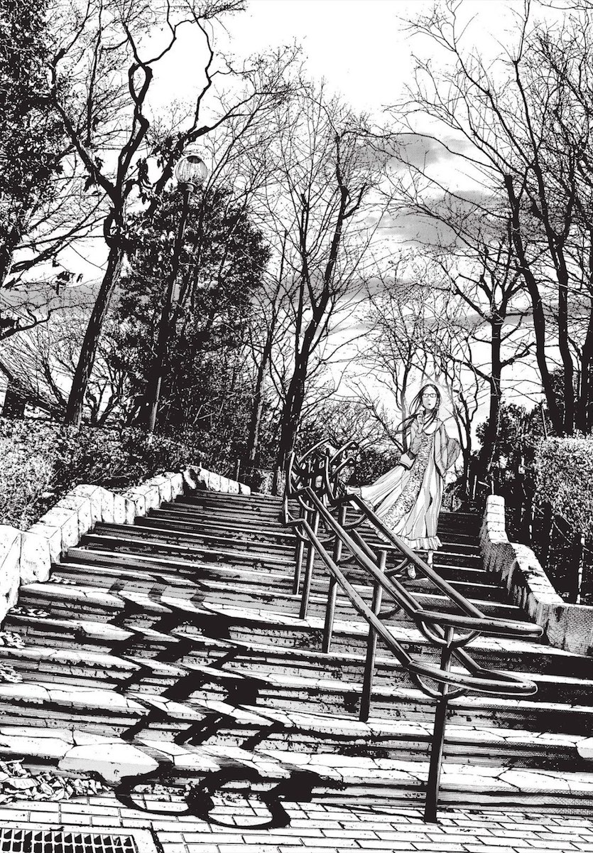 A woman walking down an intricately rendered staircase in a park in the winter