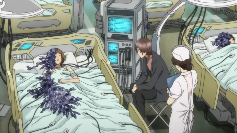 Scene from the anime Guilty Crown. A young woman on a hospital bed. Half of her body has turned into crystals.