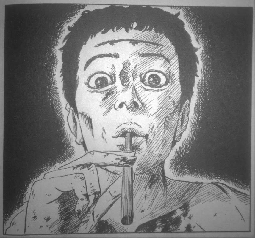 Panel from Happiness. An emaciated boy holds a straw to his mouth.