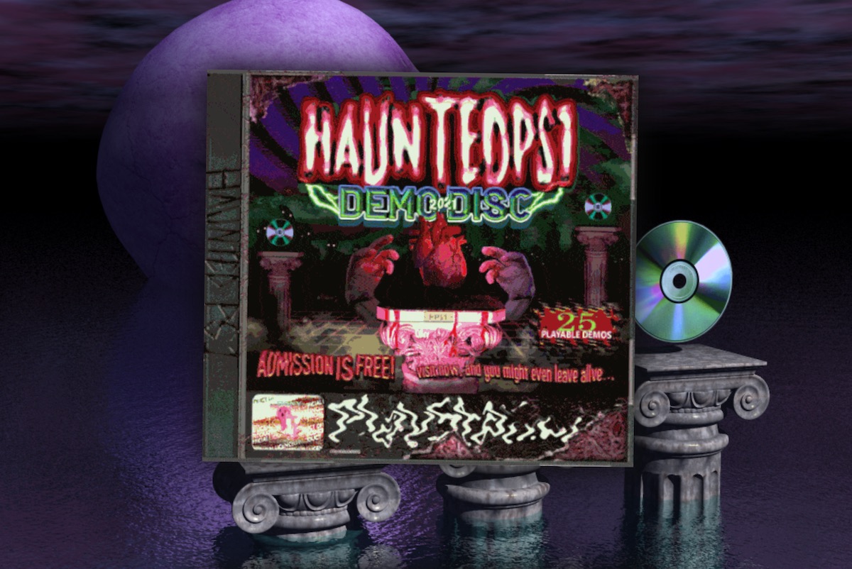 A PS1 disc case floating from front of CG pillars in water, in the style of 1990s web and software design. The disc says “Haunted PS1 Demo Disc 2021. Admission is Free!”