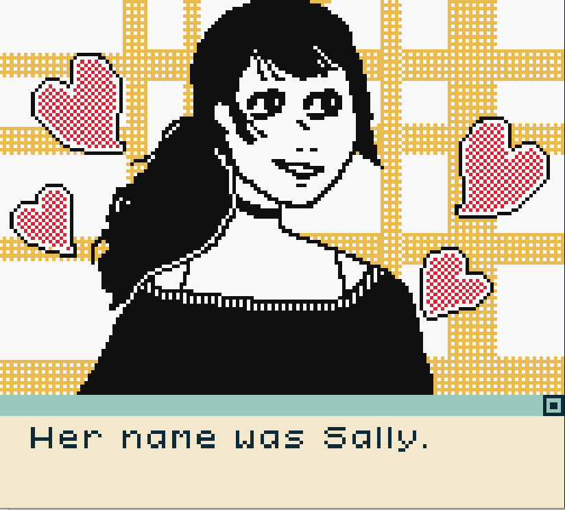 Pixel art of a young woman with hearts around her. Text reads “Her name was Sally.