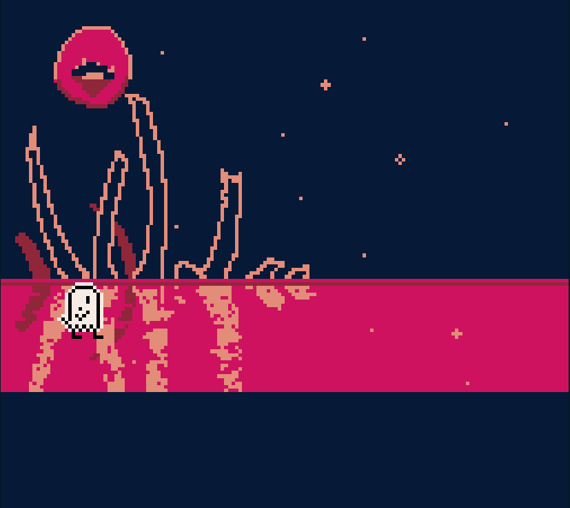 Pixel art of a bird character walking to the right in a strange red landscape.
