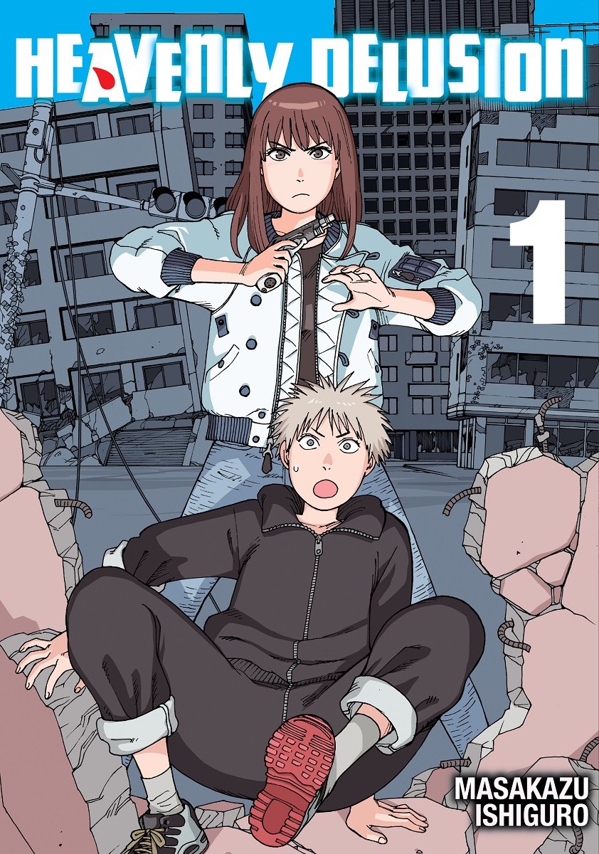 Cover of Heavenly Delusion volume 1. A girl holds a gun at the camera while a boy stumbles on the ground.