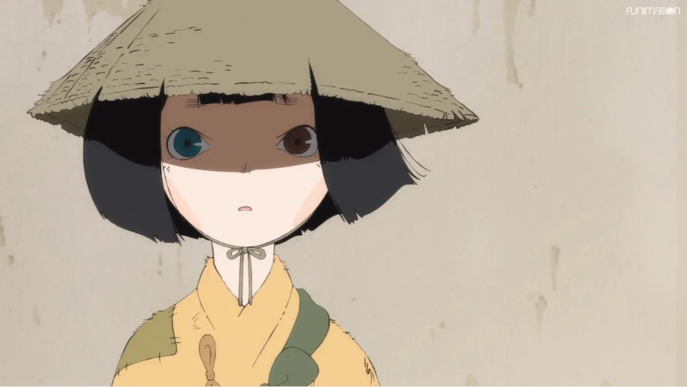 Biwa, the young girl protagonist of The Heike Story, looking surprised. She’s wearing tattered peasant clothing and has eyes with two different colors.