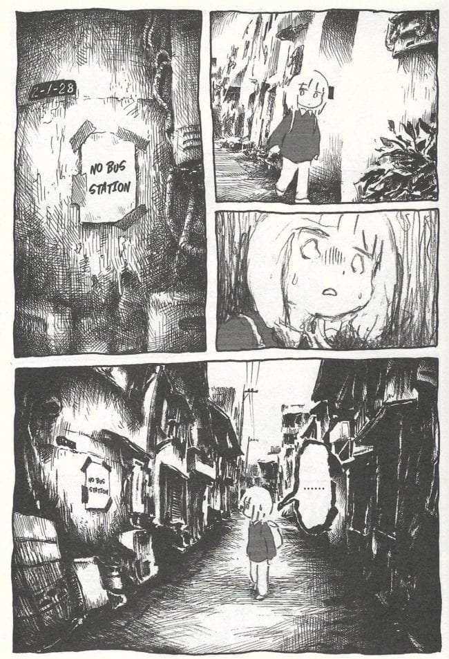 Page from An Invitation from a Crab. Panpanya wanders around an unfamiliar alley and sees a sign reading “no bus station.”
