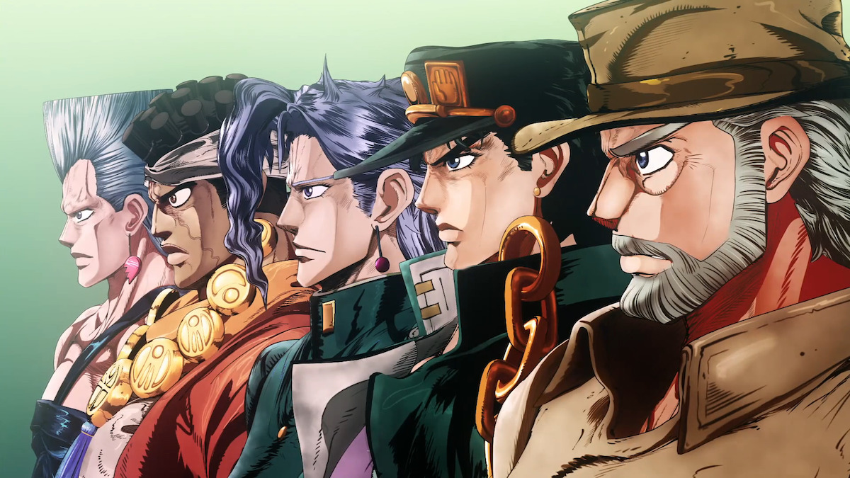 The cast of JoJo’s Bizarre Adventure Part 3 animated in 3-D from the first opening.