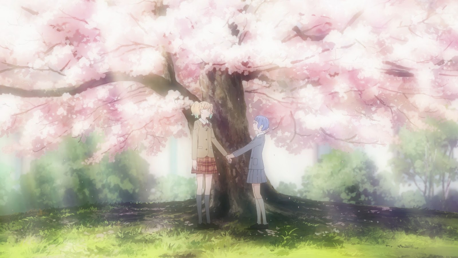 Sarasa and Ai shaking hands underneath the cherry blossoms. Sarasa is a very tall blonde girl and Ai is a shorter blue-haired girl.