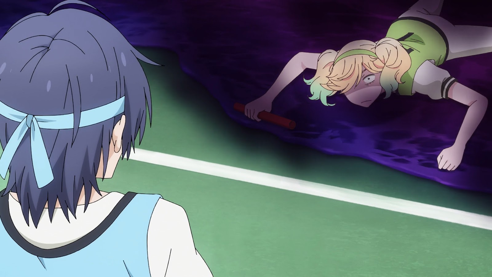 Comedic shot of Ai watching Sarasa on the ground, where she seems trapped in some kind of miasma. They’re dressed for gym class.