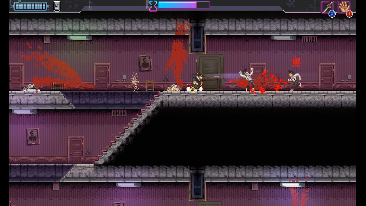 Screenshot from Katana Zero. 2-D platforming level with enemies in bloodsplattered hallways.