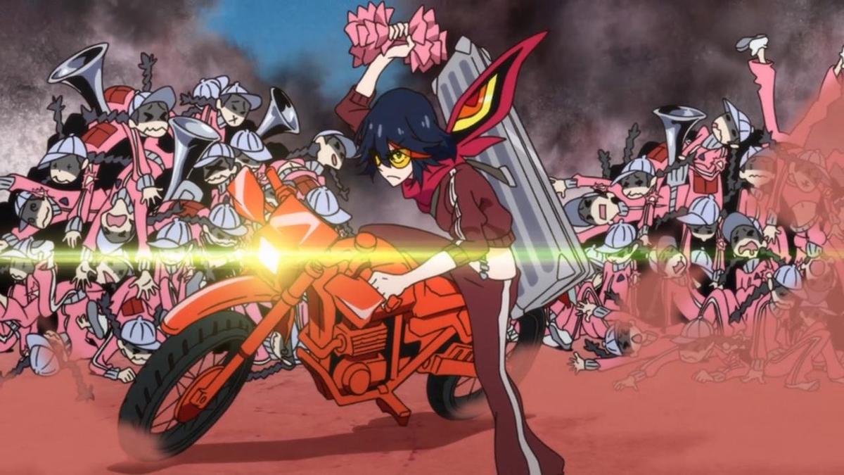 Ryuko from Kill la Kill on a motorcycle, wearing a tracksuit. Bodies of her enemies are piled up behind her.