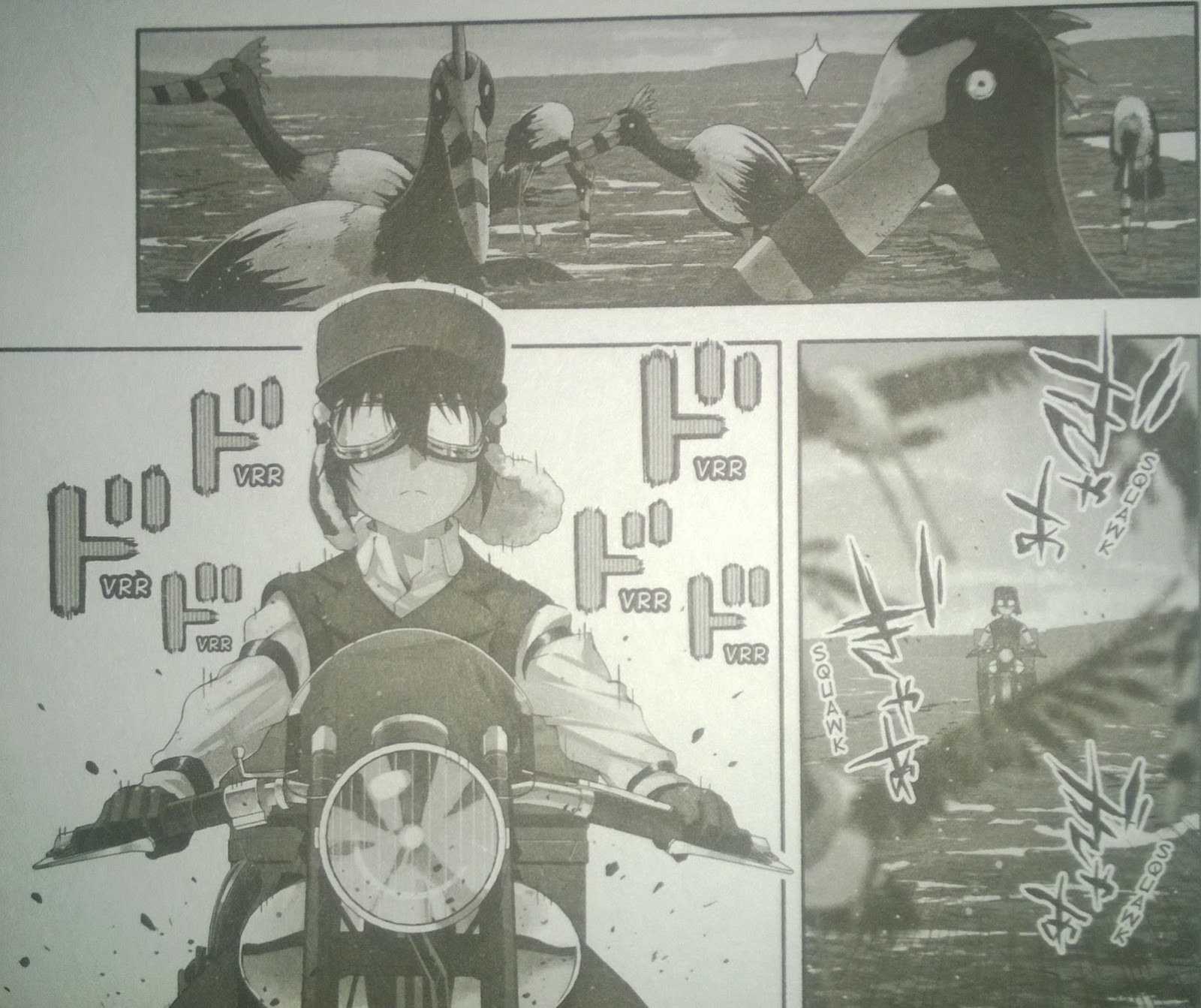 Page from Kino’s Journey. Kino drives through a flock of birds.