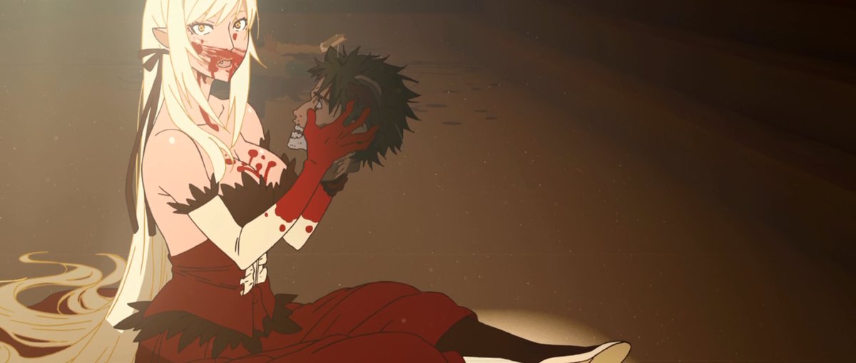 Kiss-Shot from Kizumonogatari holding a human head. Blood is covering her mouth.