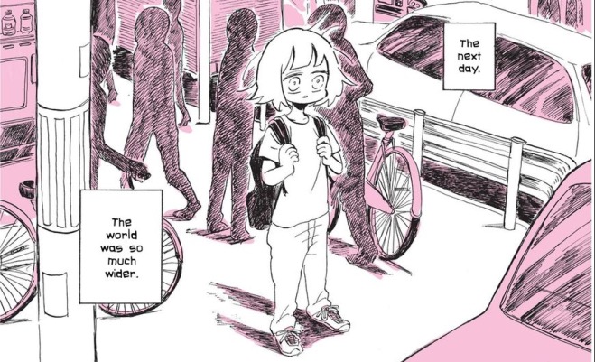 Kabi from My Lesbian Experience with Loneliness standing on a street corner. Text boxes read “The next day the world was so much wider.”