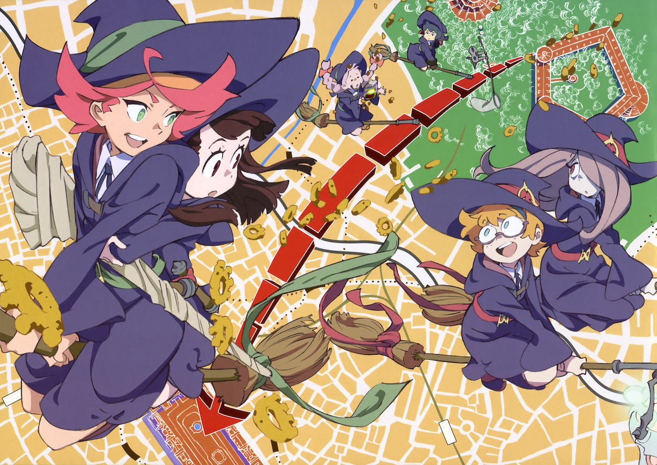 A cartoon drawing of group of young, smiling witches flying toward the camera.