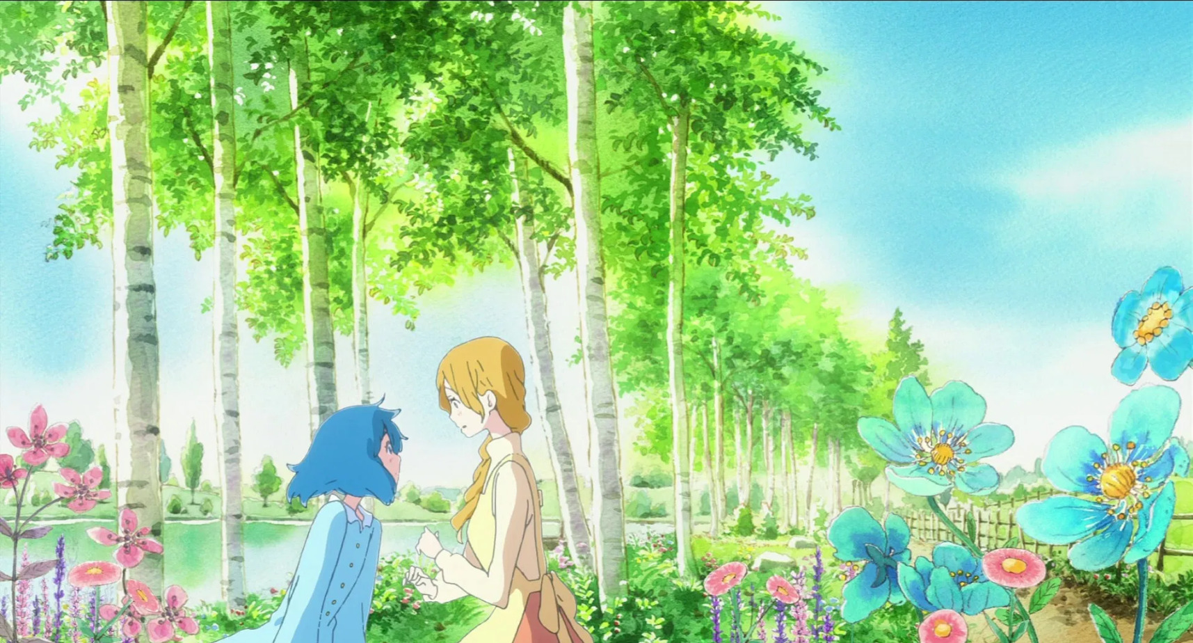 Liz, a blonde girl with a long braid, talking to the blue bird in the form of a blue girl by a row of trees painted with watercolors. Blue flowers bloom in the foreground.