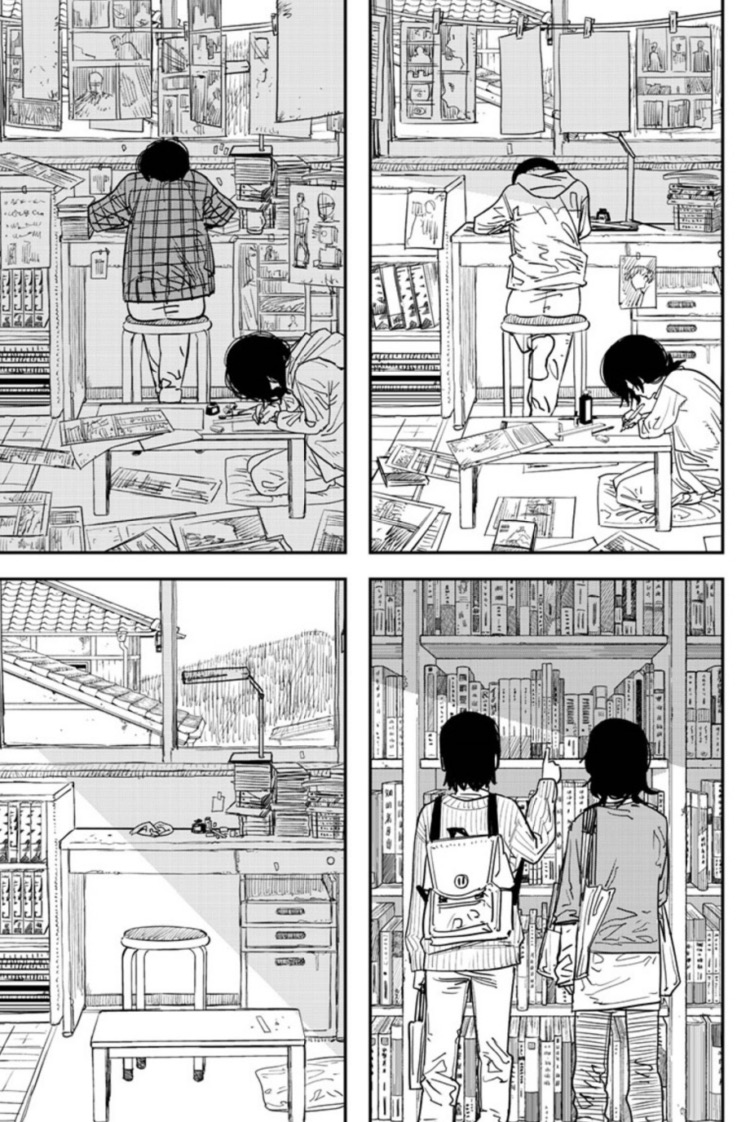 Four panels of two people working on manga and picking out manga from a bookshelf, all at the same angle.