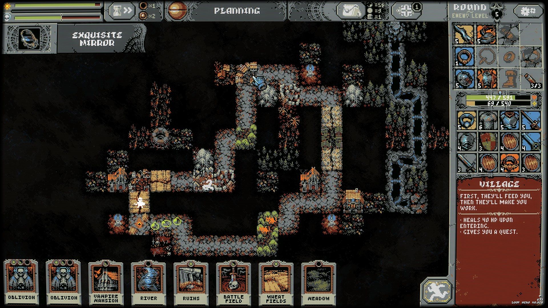 Screenshot from Loop Hero. A top-down pixel art map showing forests, rivers, and monsters, with a sidebar showing the character