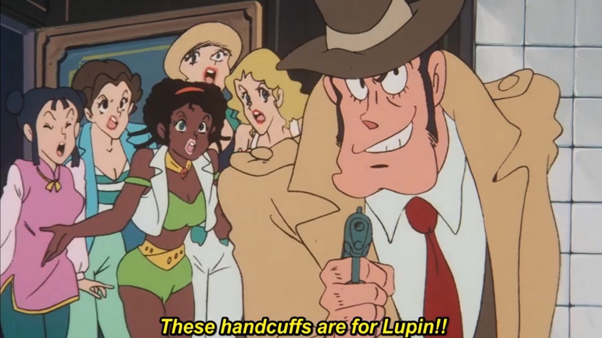 Zenigata smirks and points a gun at the camera. Five women behind him angrily yell “these handcuffs are for Lupin!!”