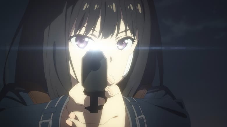 Takina from Lycoris Recoil pointing a handgun at the camera.