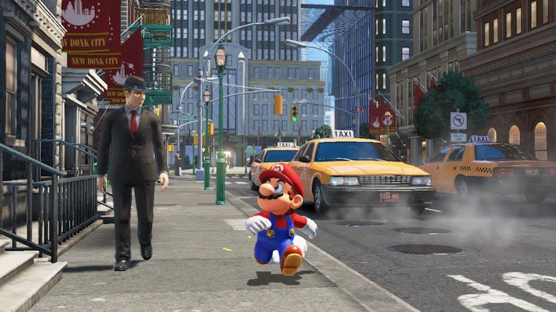 Mario running alongside a normally proportioned human in a city