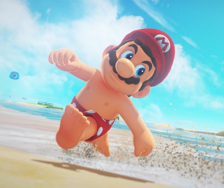 Mario at the beach, shirtless, with visible nipples.