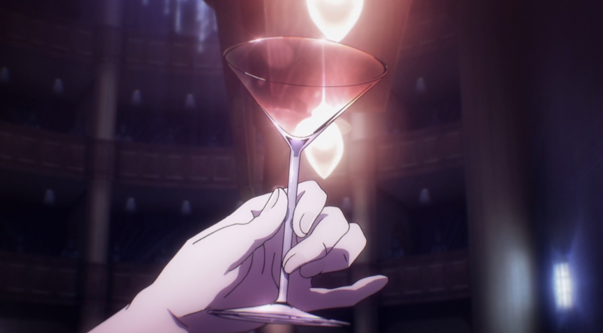 An anime woman's hand delicately raising a martini glass as it shimmers in the light.