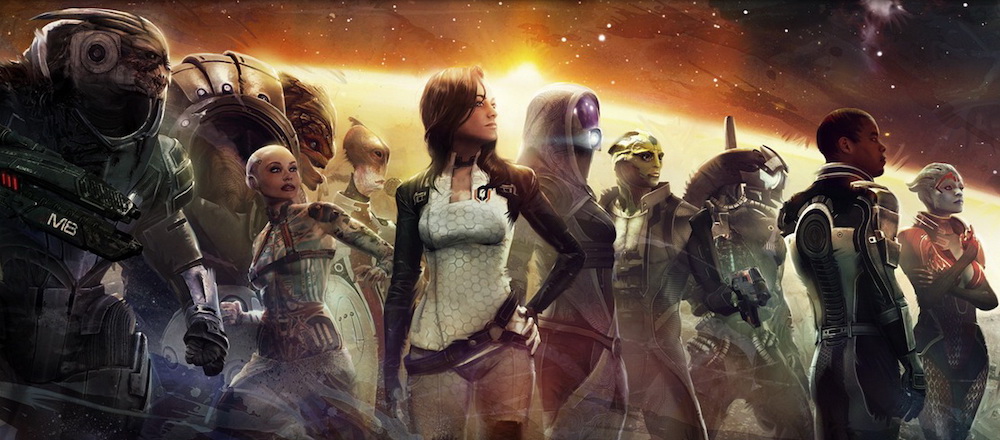 The cast of Mass Effect 3 looking into the distance.