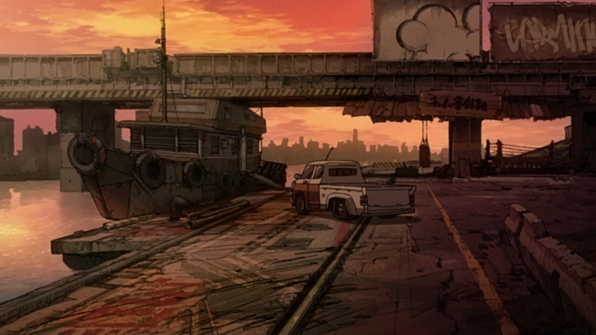 A boat tied up in a river near an overpass with a nearby pick-up truck. The background is drawn in scratchy pencils and is bathed in evening light.