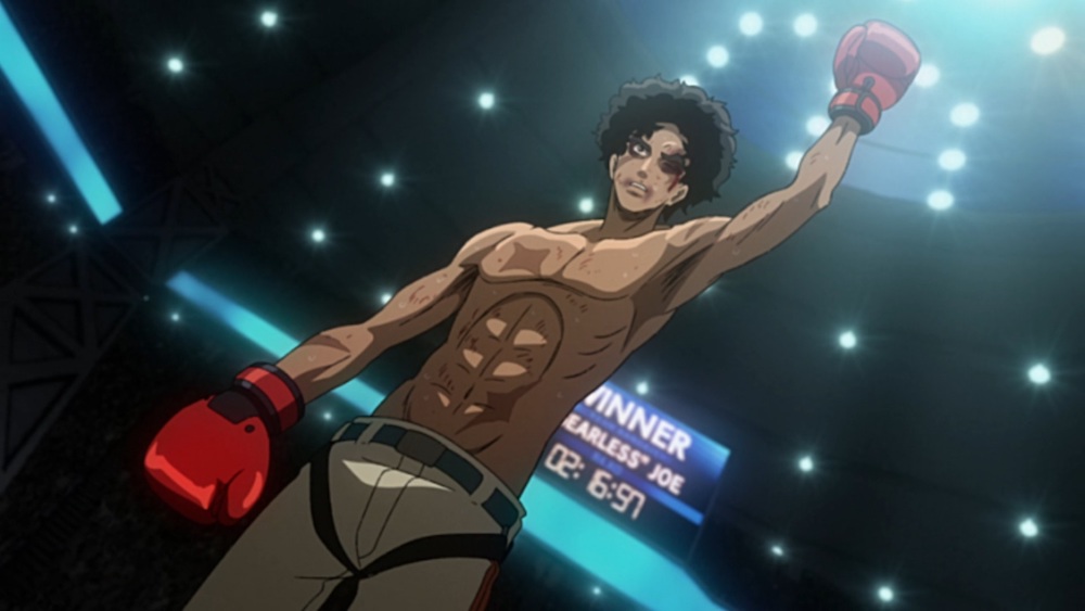 Junk Dog from Megalobox raising his left arm in triumph in a boxing ring