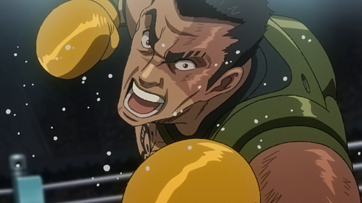 The scarred boxer Aragaki yelling and winding up for a punch.