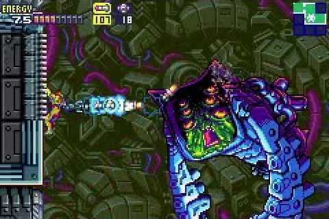 Screenshot of a pixel art scene of Samus on a ladder firing missiles at a creepy, lumbering creature.