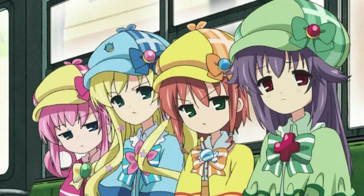 The four main girls of Milky Holmes frowning while sitting on a train.