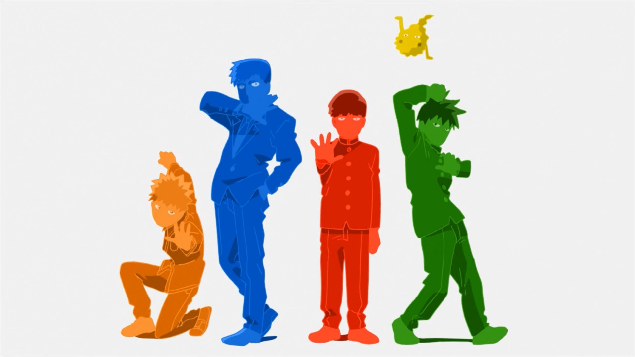Shot from Mob Psycho 100 II opening, showing the main cast striking poses, each drawn in a different color.