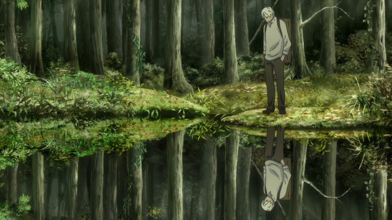 Ginko from Mushishi standing by a pond in a forest and looking into it. He’s reflected perfectly in the still water.