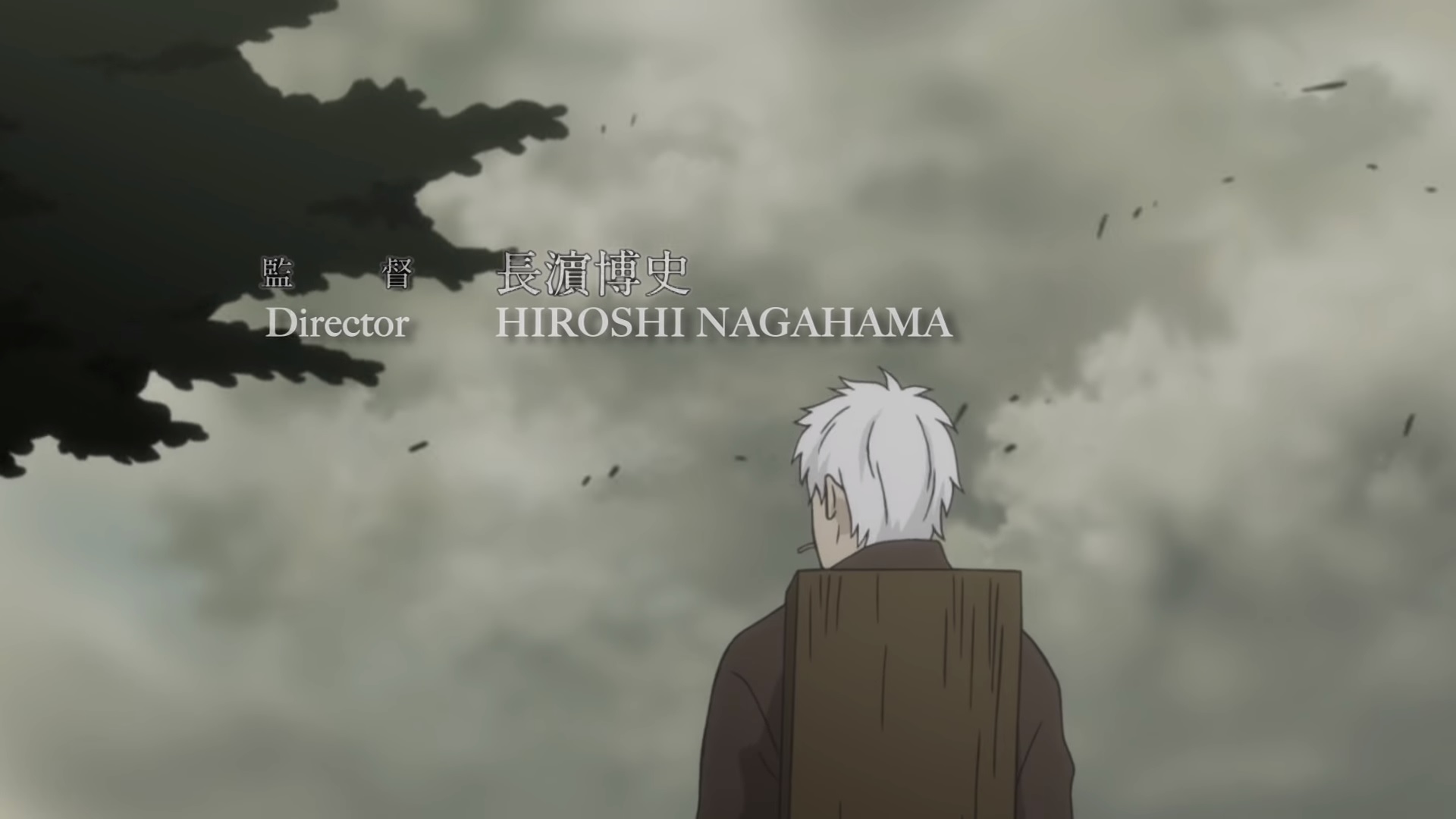 Mushishi credits showing Ginko from the back and the credit for Director: Hiroshi Nagahama.