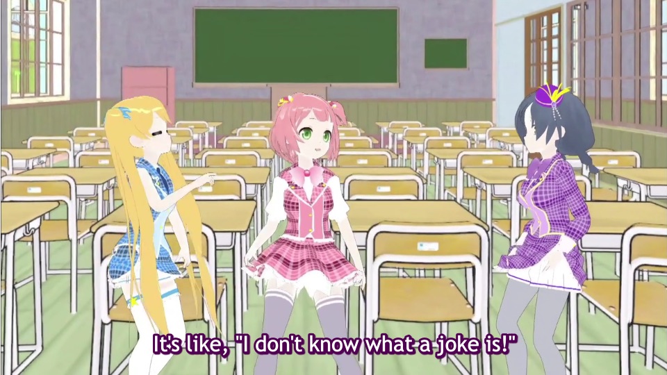 The three Naria Girls rendered in lo-fi 3-D with the subtitle “It’s like, ‘I don’t know what a joke is!’”