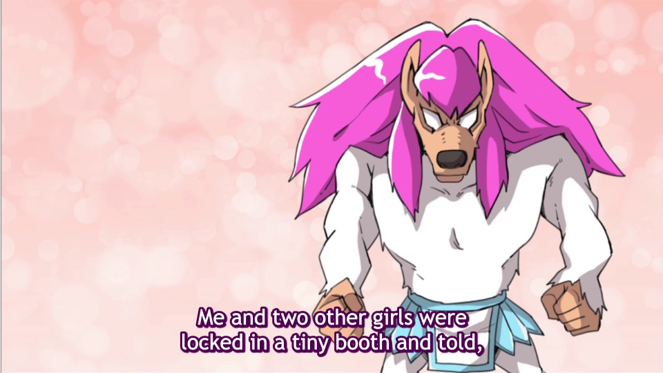 A wolf monster with pink hair saying “Me and two other girls were locked in a tiny booth and told,”