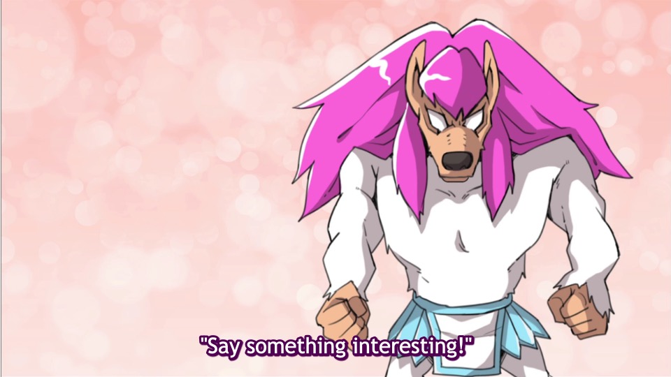 A wolf monster with pink hair saying “Say something interesting!”