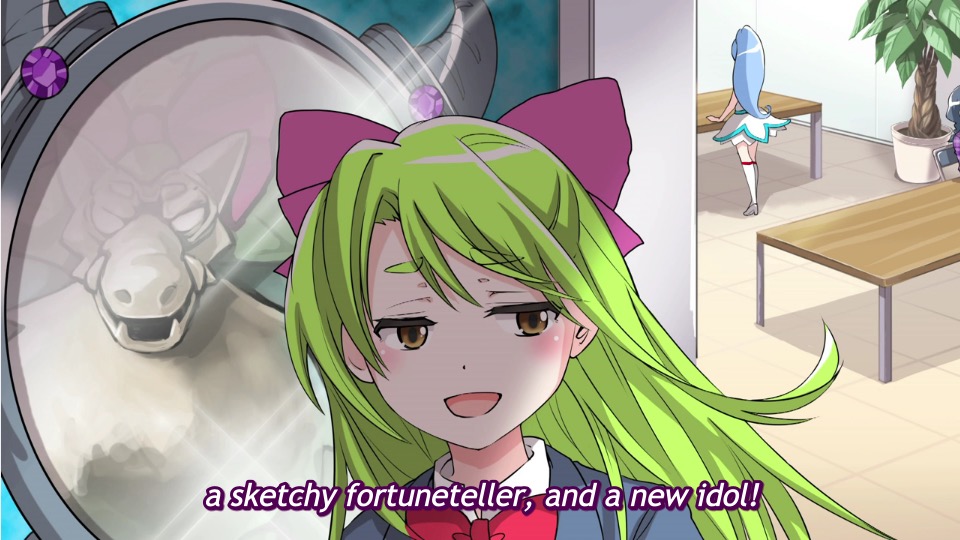 A girl with green hair saying “a sketchy fortuneteller, and a new idol!”
