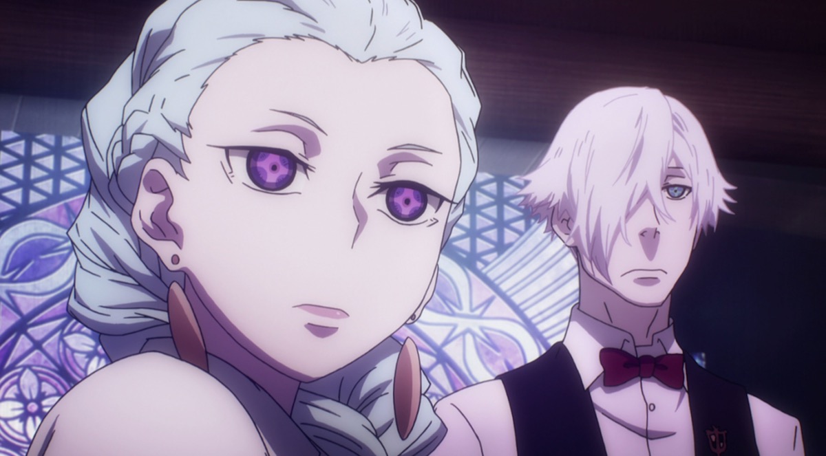 A young anime woman with a white braid and purple eyes (Nona) standing next to a man with white hair and blue eyes (Decim), both staring ahead stoically.