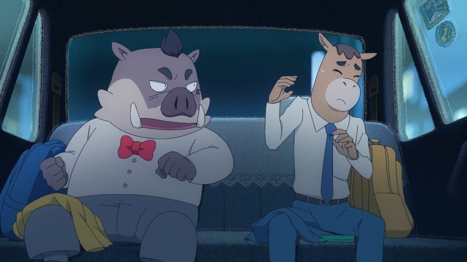 The Homosapiens comedy duo from Oddtaxi, comprised of a warthog and a horse, arguing in the back of a taxi.