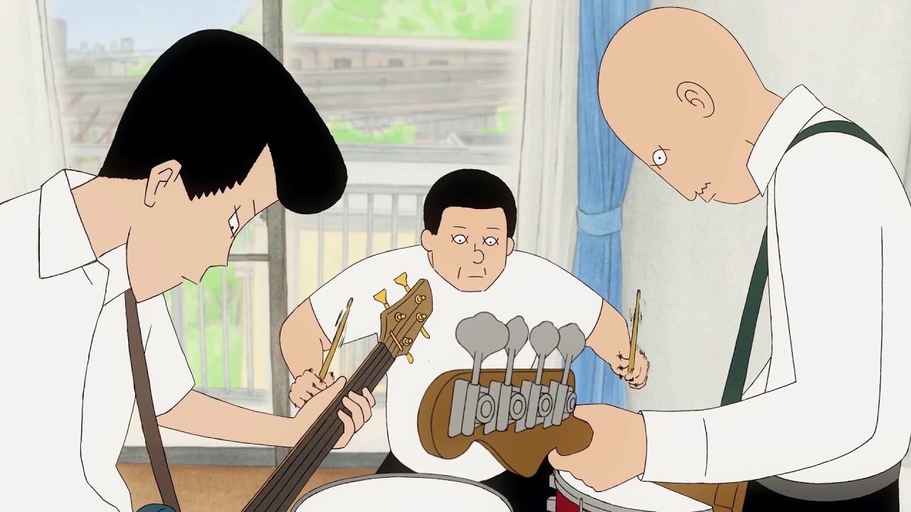 Three guys playing guitars and drums together. They’re drawn in a simplistic art style.