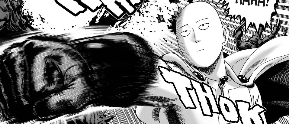 Saitama from One-Punch Man punching a character while looking bored.