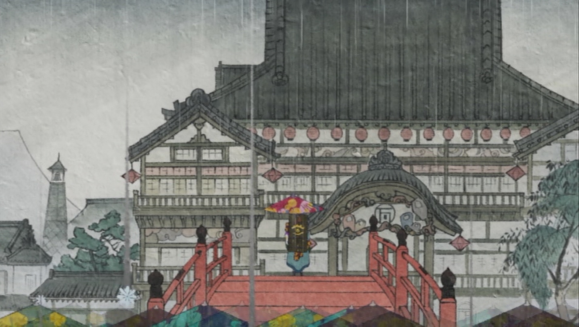 Medicine Seller stands on a bridge facing an Edo-era building while umbrellas bob up and down on the bottom of the screen in the color of and like waves of a river.