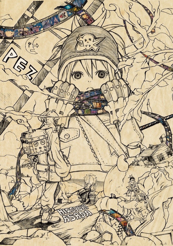 Cover of PEZ by Hiroyuki Asada. A young character wearing a hat, jacket, and gloves tugs on a scarf made from a film strip wrapped around their neck.