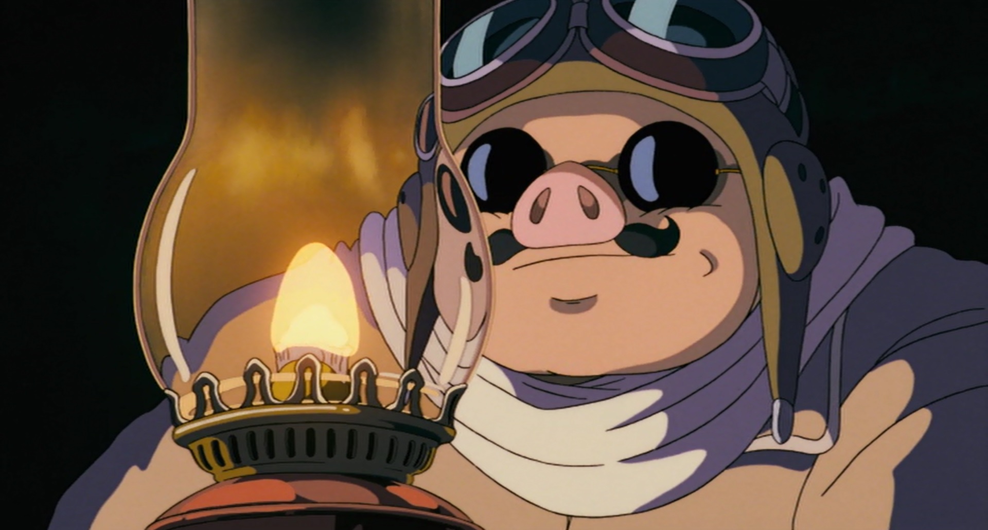 Porco from Porco Rosso staring at an oil lamp.