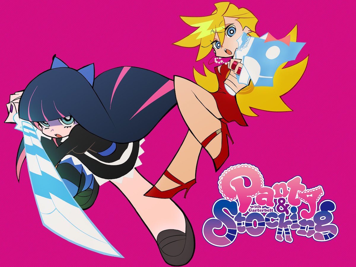 Panty and Stocking holding their gun and sword threateningly.