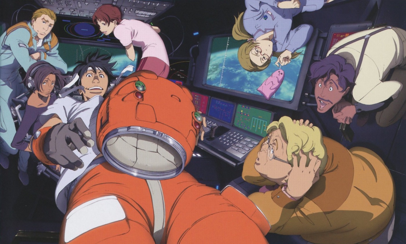 The multiracial cast of Planetes floating inside the cockpit of a spaceship.
